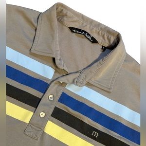 Travis Mathew Golf Polo Shirt Mens Large Gray Striped Short Sleeve Stretch